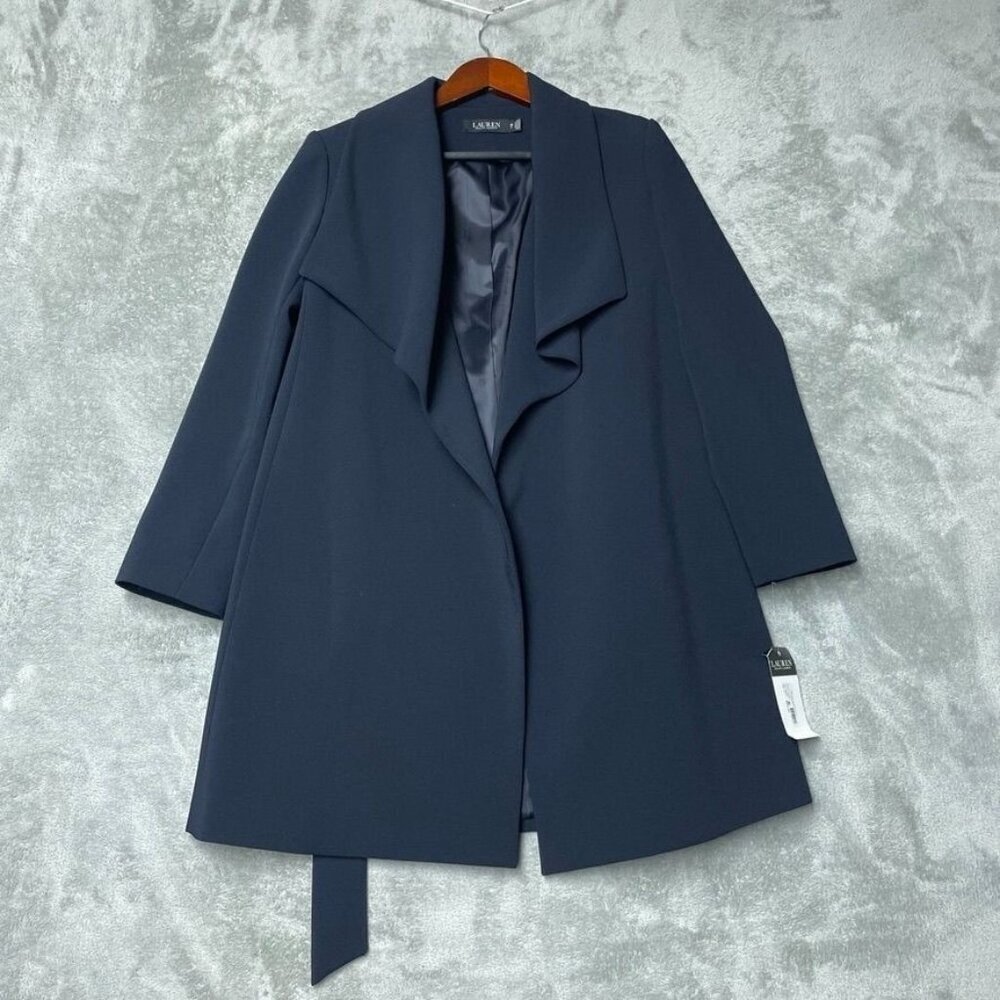 Lauren Ralph Lauren Crepe Belted Drape Front Jacket Navy PS New a1643
